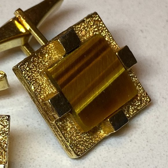 Vintage 1970s Square Tiger Eye Sliver and Gold Tone Metal Cufflinks *read* - Picture 4 of 5
